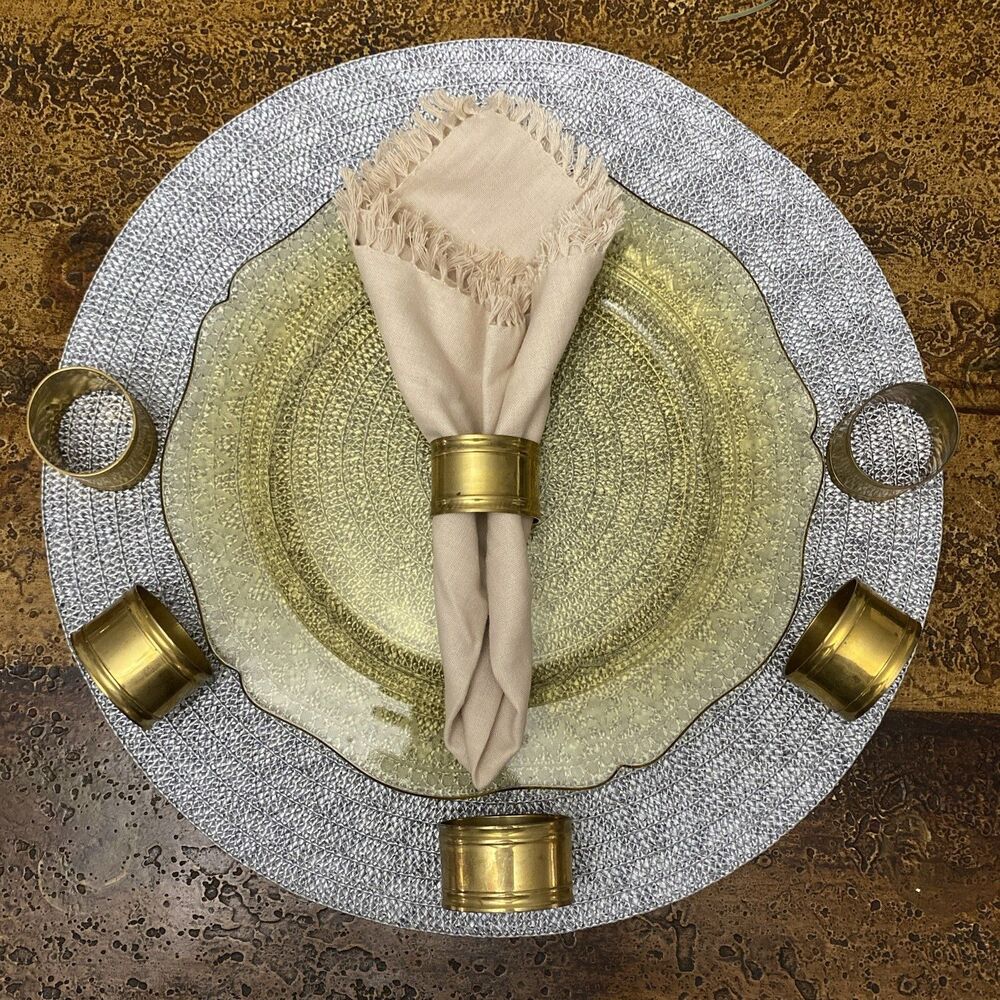 VINTAGE Brass Napkin Ring Holders SET OF 6 MCM  1 1/4 Ridged PATINA Art Deco